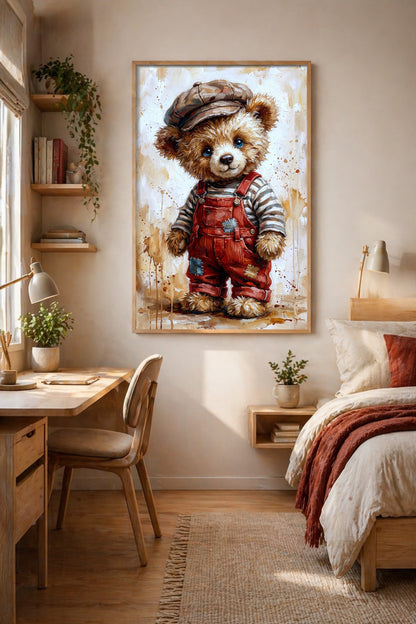Gedrucktes Teddybär Wandbild mit roter Latzhose, Streifenshirt und Schiebermütze in freundlicher, malerischer Gestaltung. Studentenzimmerdeko