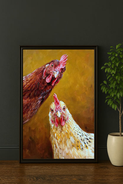 Humorvolles Tierbild mit zwei neugierigen Hühnern: Malerisches Porträt im Stil eines Ölgemäldes auf ockerfarbenem Grund – Perfekte Deko für die Landhausküche.