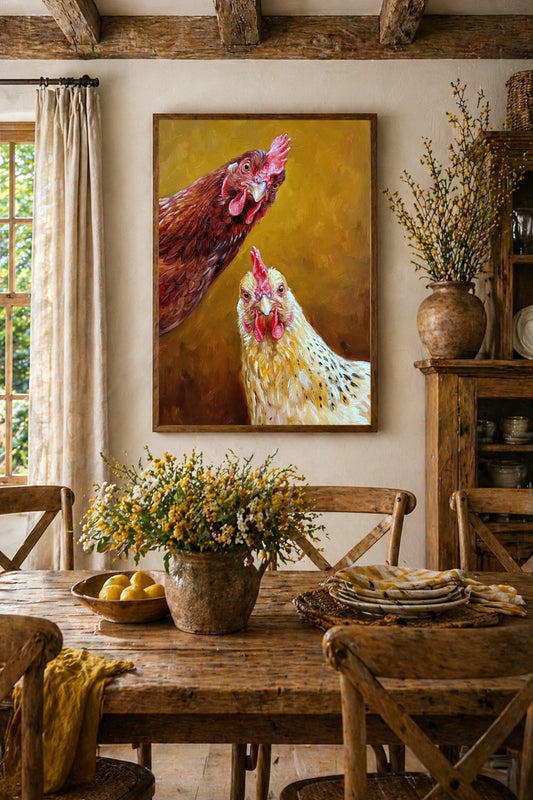 Hühner Wandbild in einer gemütlichen Landhausküche mit Holztisch, Blumen und rustikaler Einrichtung