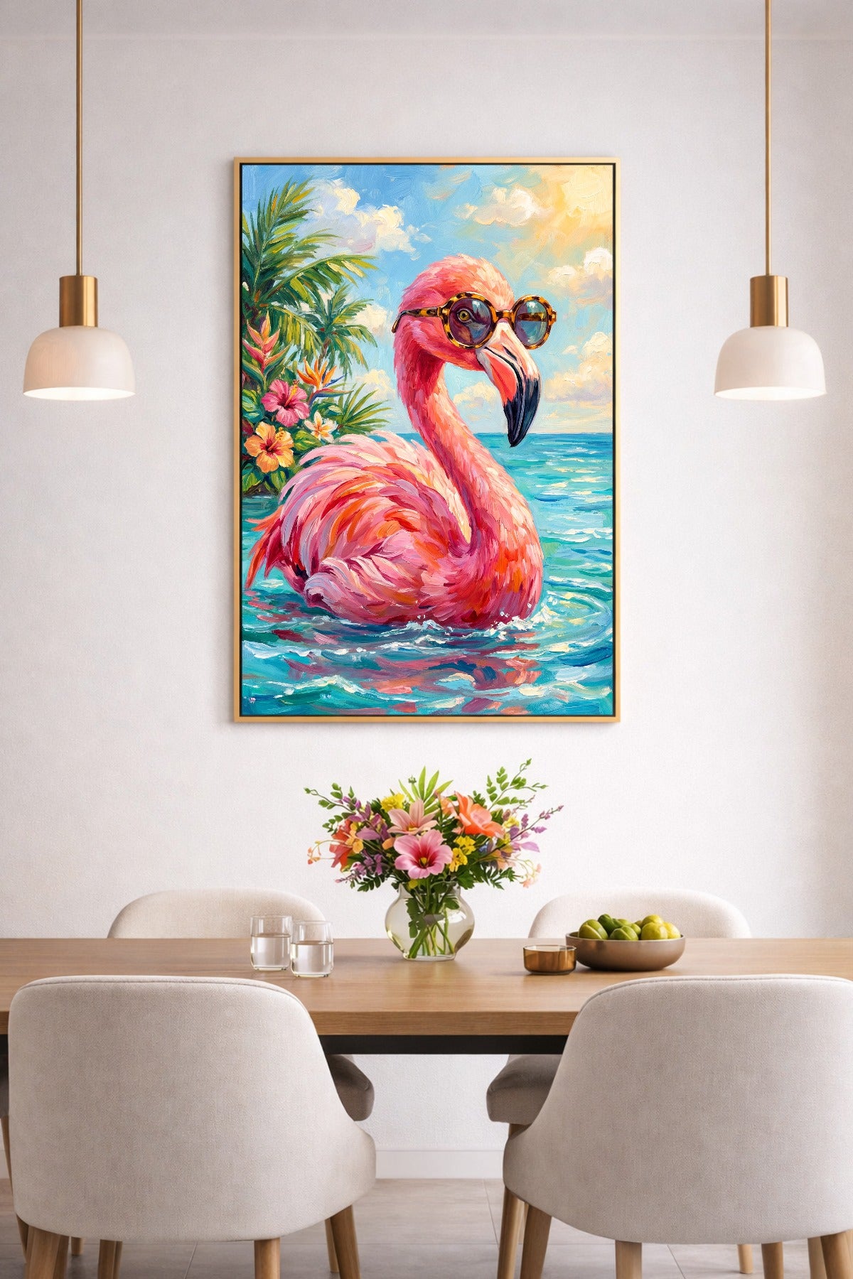 Digitales Flamingo Poster im Esszimmer mit pinkem Flamingo, Sonnenbrille, Palmen und türkisblauem Wasser