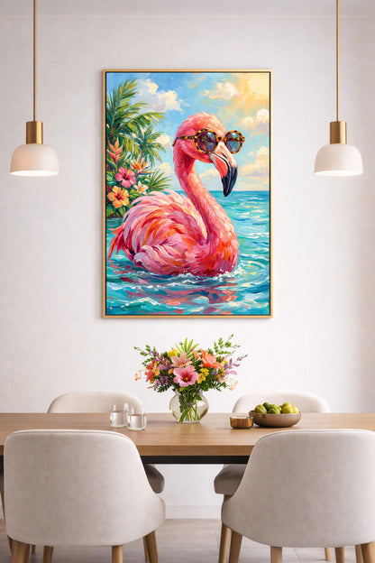 Digitales Flamingo Poster im Esszimmer mit pinkem Flamingo, Sonnenbrille, Palmen und türkisblauem Wasser