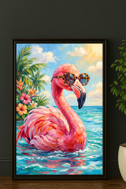 Digitales Flamingo Poster mit Sonnenbrille im schwarzen Rahmen vor dunkler Wand und Zimmerpflanze