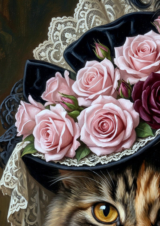 Detalsansicht von: Elegantes Katzenporträt im viktorianischen Stil mit opulentem Rosenhut, feinem Spitzenkragen und Perlenkette in Schwarz, Bordeaux und Altrosa.