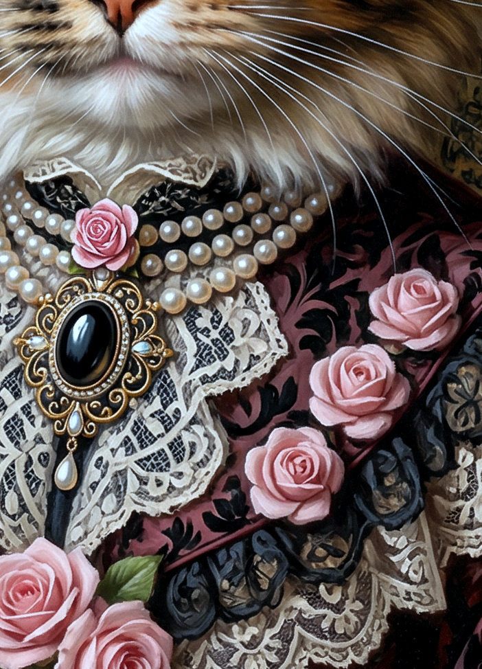 Detailansicht von: Viktorianisches Katzenbild mit edlem Rosenhut, detailreichem Spitzenkragen und klassischer Perlenkette in dunklen Tönen und Altrosa.