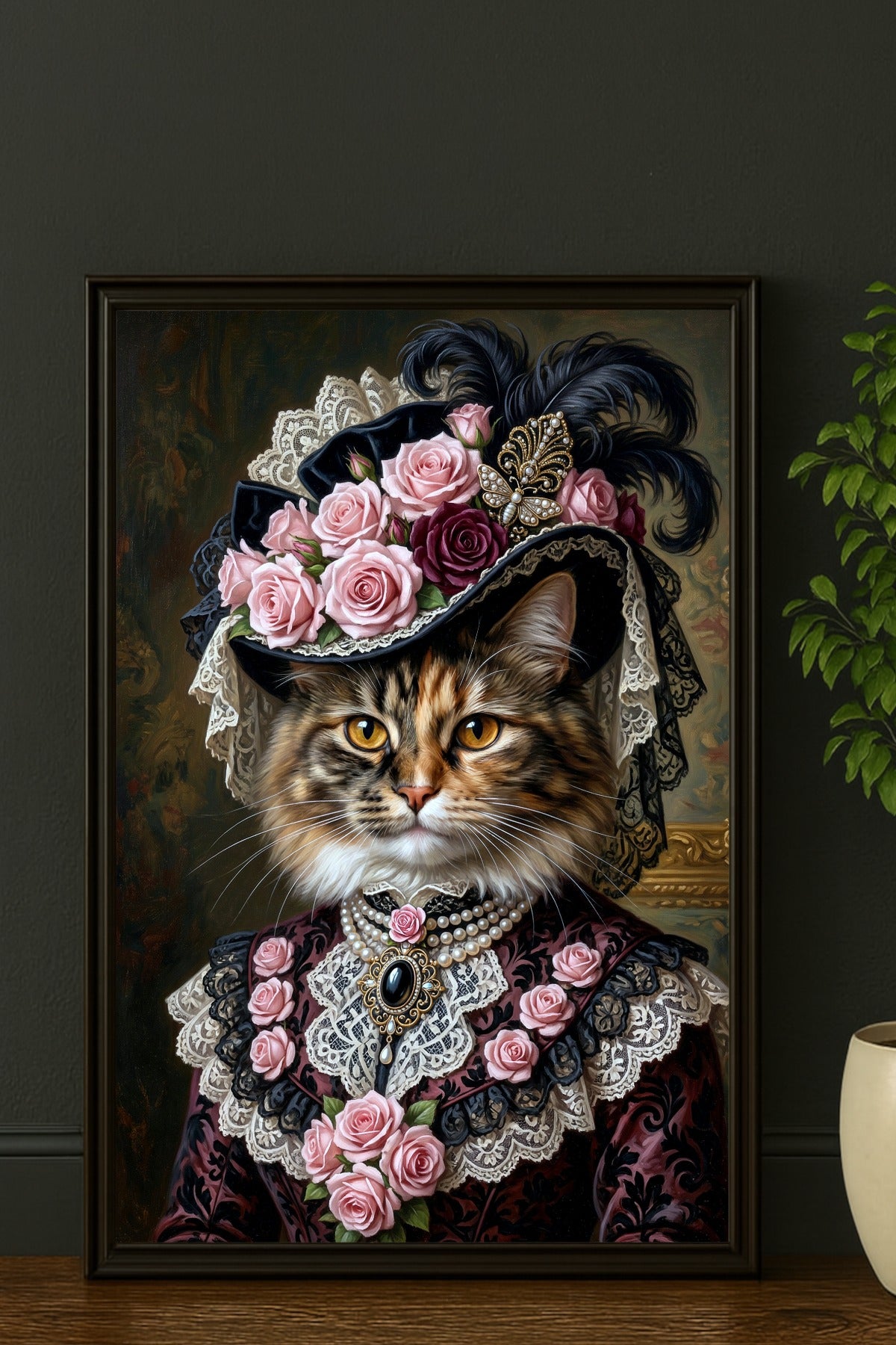 Stilvolles Katzenporträt im viktorianischen Stil mit prachtvollem Rosenhut, Spitzenkragen und Perlenkette in edlem Schwarz, Bordeaux und Altrosa.