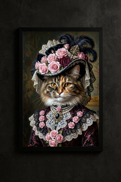 Vintage cat portrait in Victorian style with floral hat, pearls and lace collar, dark romantic digital wall art in black and blush tones.