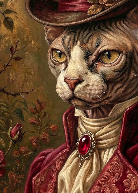 Viktorianisches Sphynx Katzenporträt mit bordeauxrotem Samtjackett, Zylinder, Federn, Rosen und dunklem Rosengarten im Vintage-Stil. Detailbild des esichts der Katze.