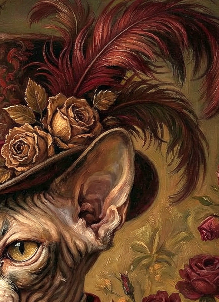 Edles Wandbild einer Sphynx Katze im viktorianischen Look mit Samtjackett in Bordeaux, Zylinder, Rosen und mystischem Gartenhintergrund. Detailsbild vom Ohr und Hut mit Federn.