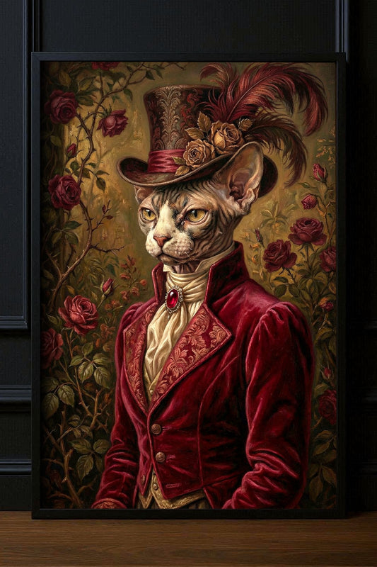 Sphynx-Katze im roten viktorianischen Samtfrack mit Zylinder, Rosen und Federn als gedrucktes Poster in dunkler, eleganter Farbwelt.