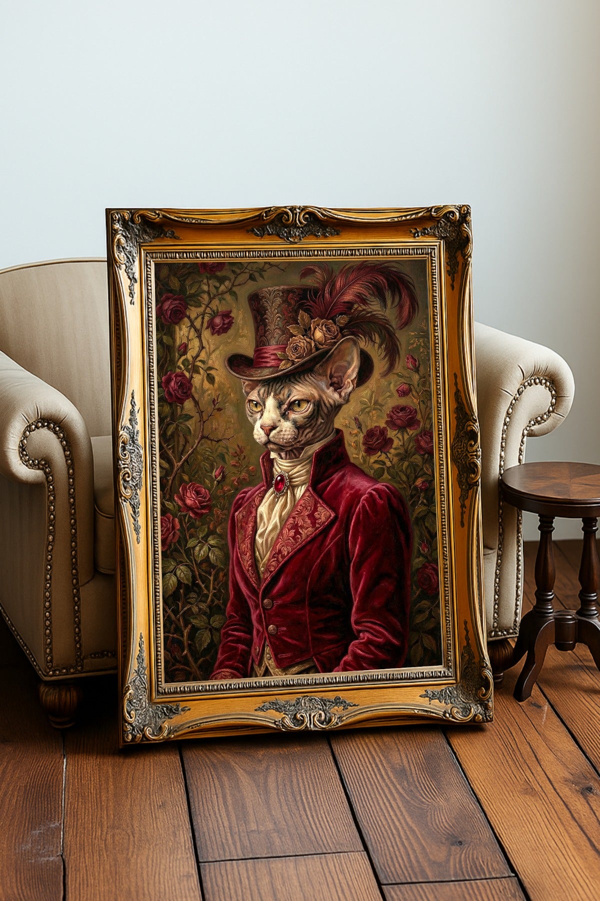 Künstlerisches Sphynx Katzenporträt mit viktorianischem Samtjackett in Bordeaux, floralem Zylinder und geheimnisvoller Gartenkulisse. Das Bild ist in einem schönen Vintage-Rahmen gerahmt und steht an einem beigen Sessel angelehnt.