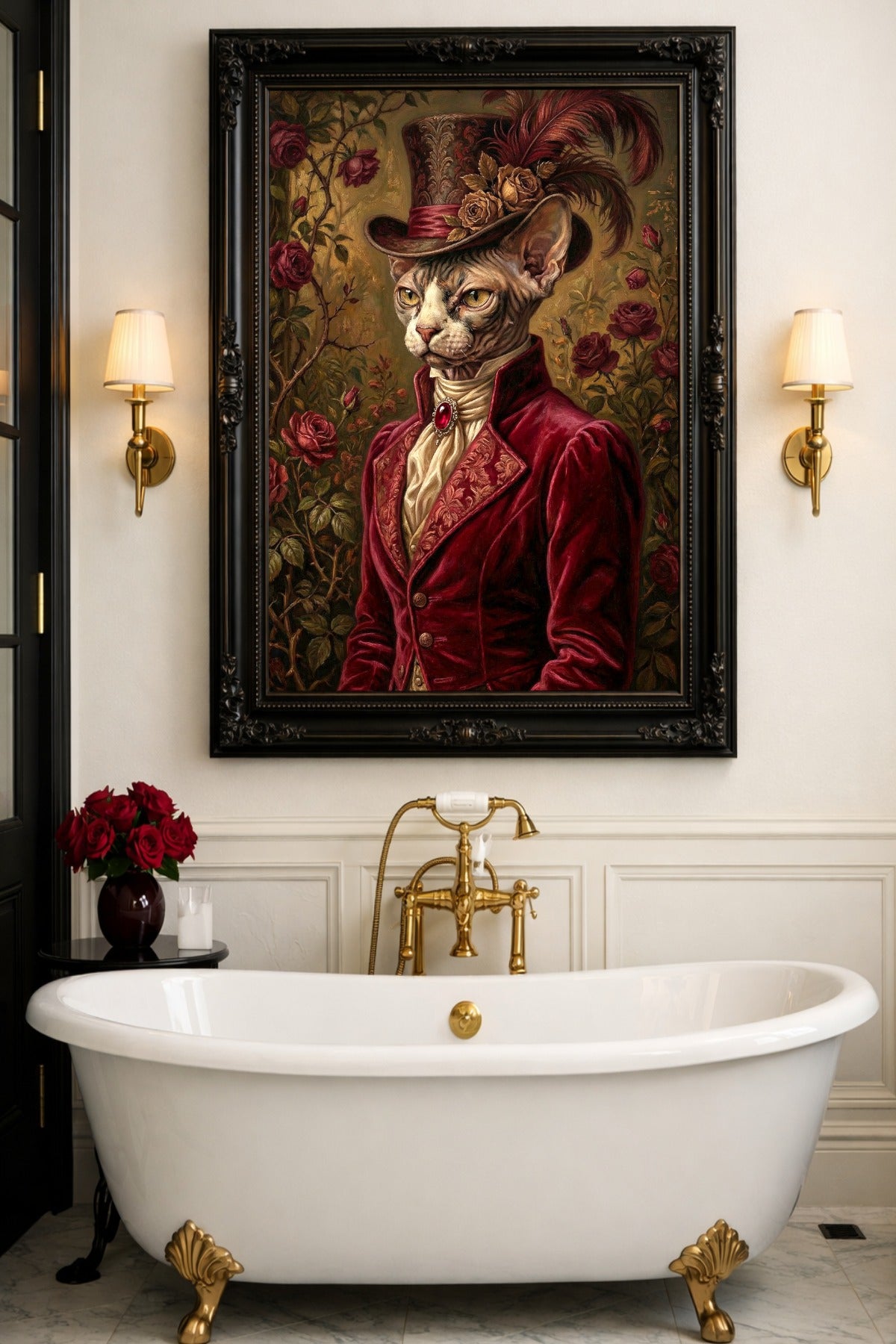 Viktorianisches Vintage-Wandbild mit Sphynx Katze, bordeauxrotem Samtjackett, Zylinder, Rosen und dunklem Rosengarten-Hintergrund. Das Bild ist in einem schwarzen Holrahmen gerahmt und hängt über einer Badewanne.