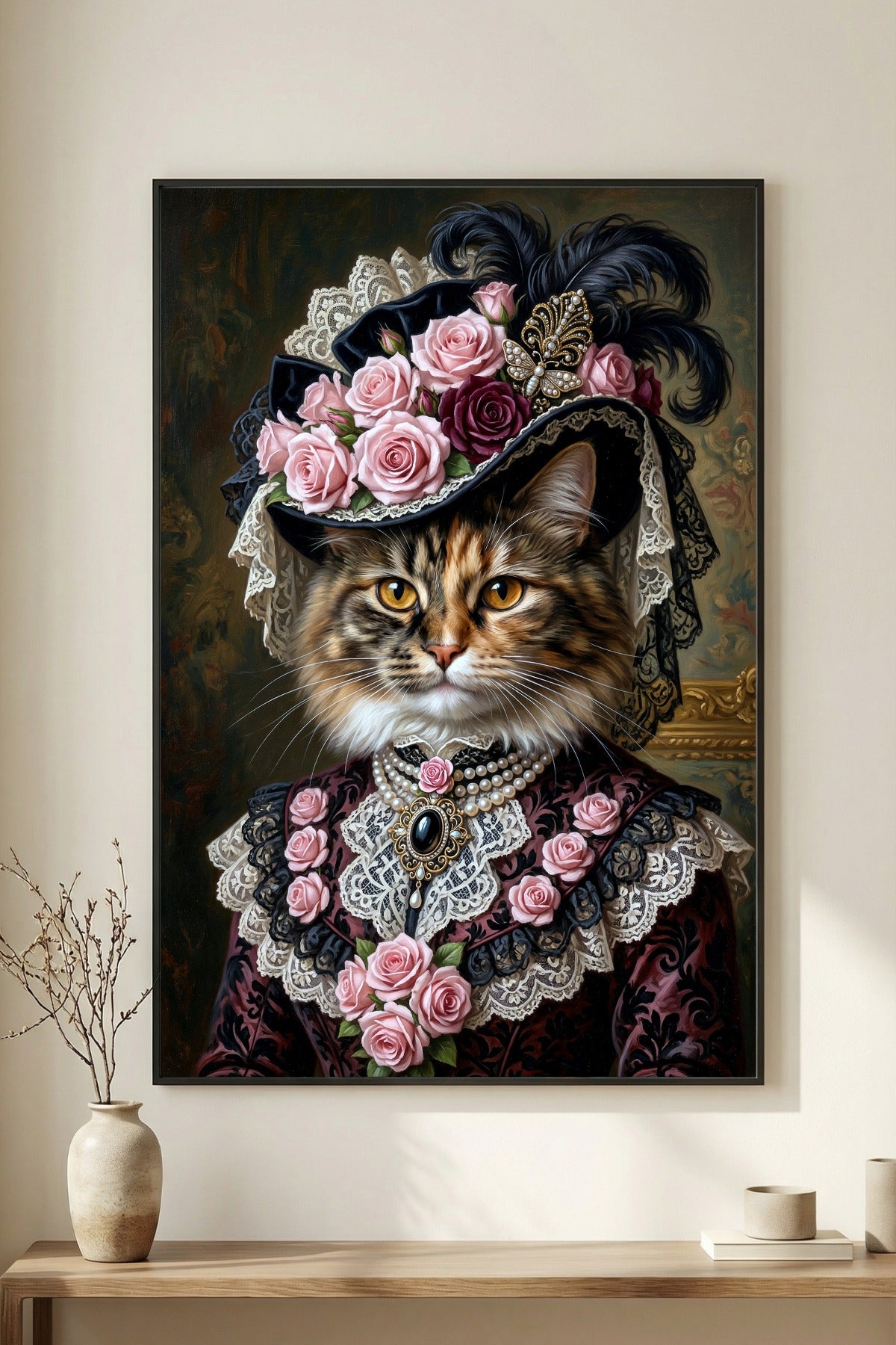 Victorian cat portrait with rose hat, lace collar and pearl necklace in black, burgundy and dusty pink, elegant vintage wall art.