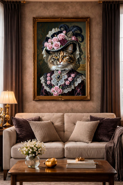 Dekoratives Katzenporträt im Victorian Style mit schwarzem Hut, rosa Rosen, Spitzenkragen und Perlen in stilvoller Farbgebung aus Schwarz und Bordeaux.
