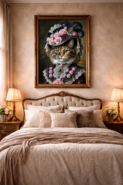 Künstlerisches Porträt einer Katze im viktorianischen Stil mit prächtigem Hut, Rosenbesatz, Spitzenkragen und eleganter Perlenkette.