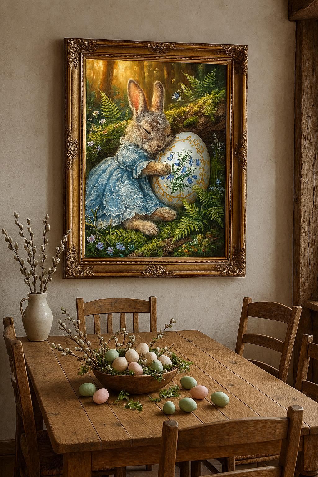 Vintage Poster mit Osterhase im blauen Kleid, der ein bemaltes Osterei mit Glockenblumenmotiv im Wald hält, nostalgisches Frühlings Wandbild.