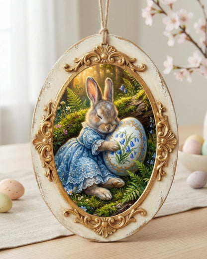 Vintage Poster mit Osterhase im blauen Kleid, der ein bemaltes Osterei mit Glockenblumenmotiv im Wald hält, nostalgisches Frühlings Wandbild.
