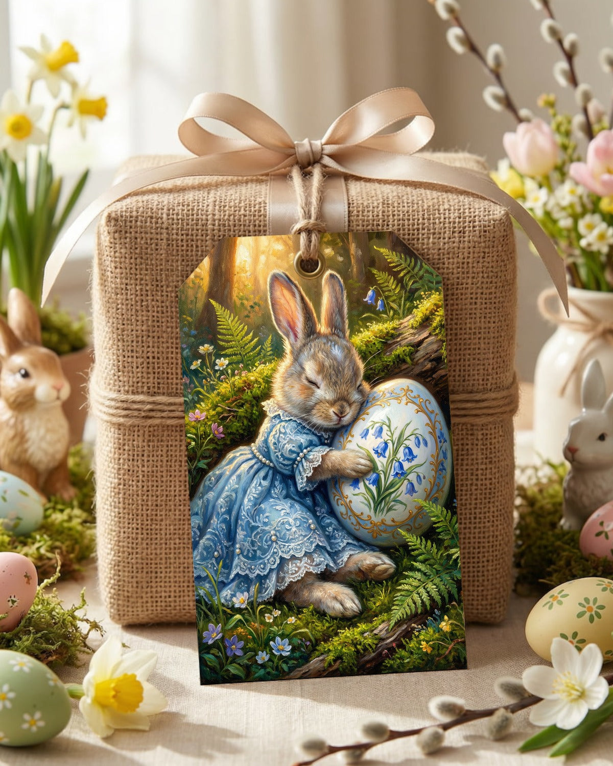 Vintage Poster mit Osterhase im blauen Kleid, der ein bemaltes Osterei mit Glockenblumenmotiv im Wald hält, nostalgisches Frühlings Wandbild.