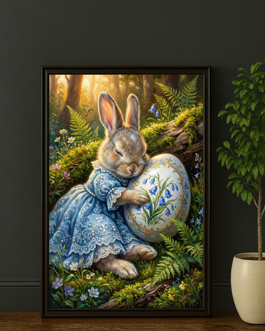 Vintage Poster mit Osterhase im blauen Kleid, der ein bemaltes Osterei mit Glockenblumenmotiv im Wald hält, nostalgisches Frühlings Wandbild.