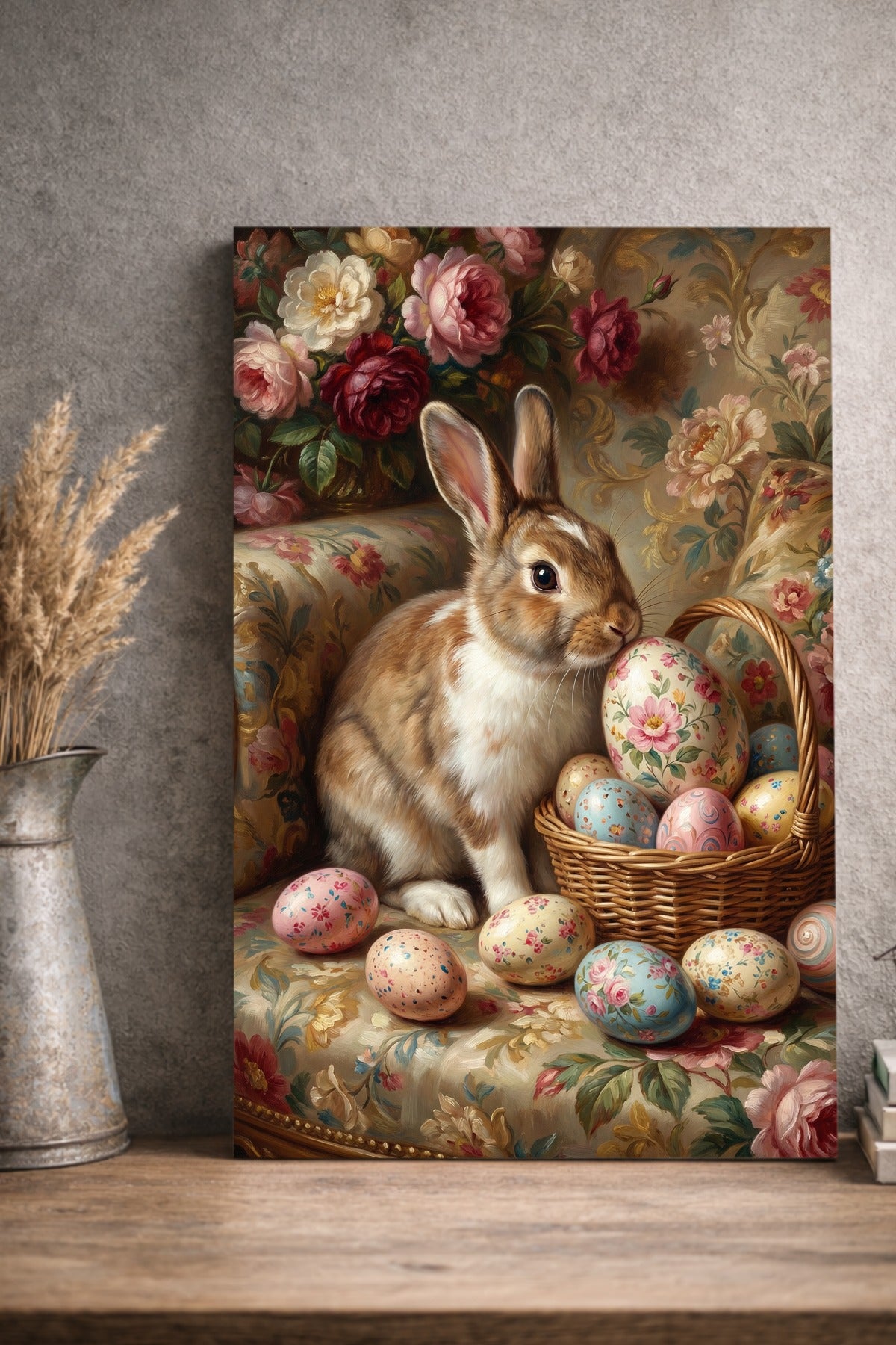 Nostalgisches Ölgemälde eines braun-weißen Osterhasen in einem Korb mit floral verzierten Ostereiern und Rosen vor einem rustikalen Hintergrund im Vintage-Stil.