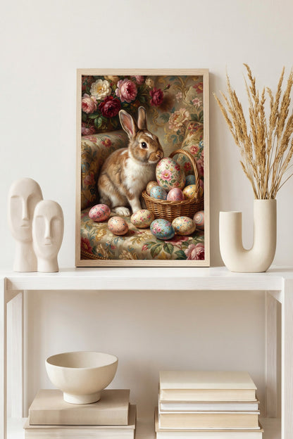 Nostalgisches Ölgemälde eines braun-weißen Osterhasen in einem Korb mit floral verzierten Ostereiern und Rosen vor einem rustikalen Hintergrund im Vintage-Stil.