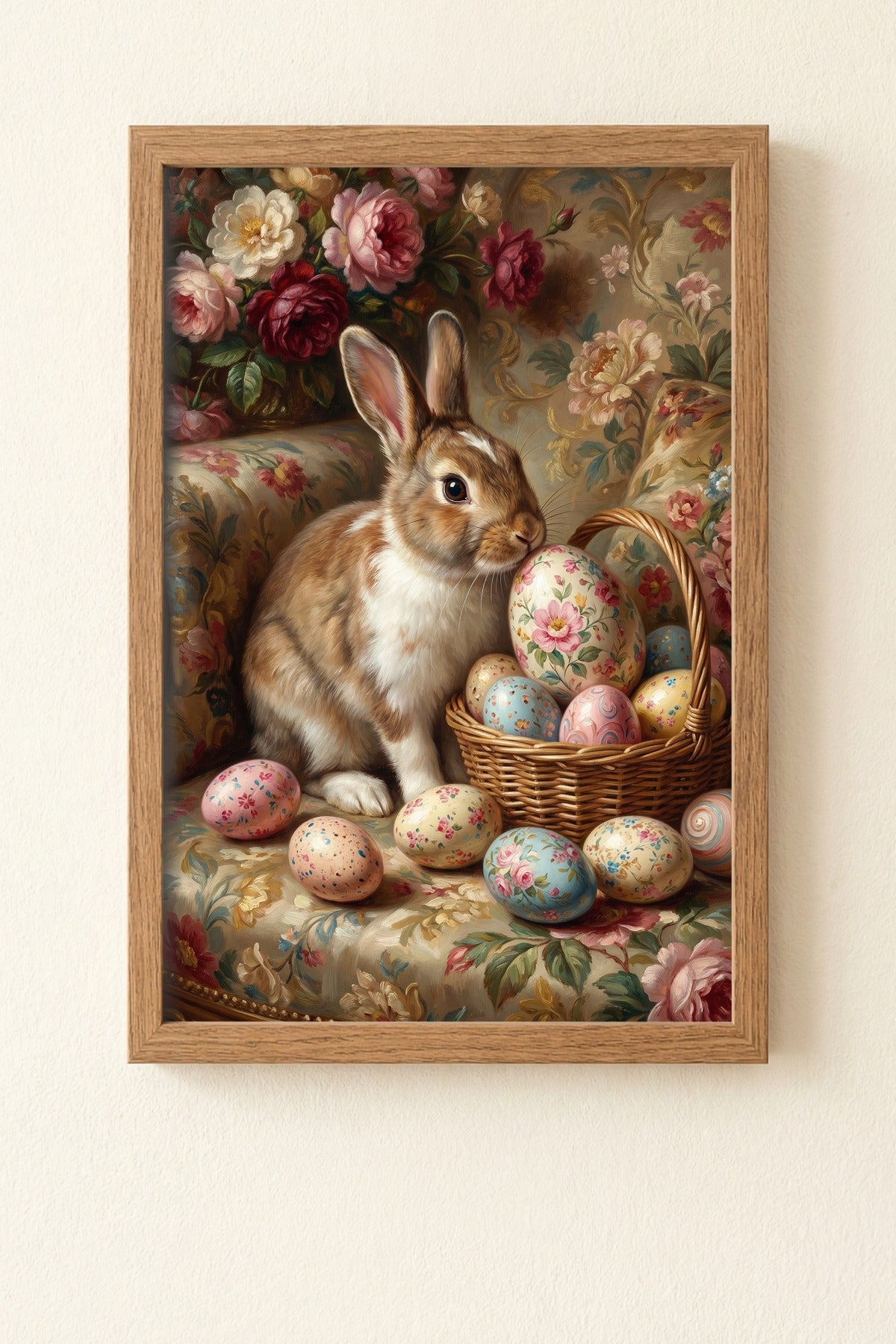Nostalgisches Ölgemälde eines braun-weißen Osterhasen in einem Korb mit floral verzierten Ostereiern und Rosen vor einem rustikalen Hintergrund im Vintage-Stil.