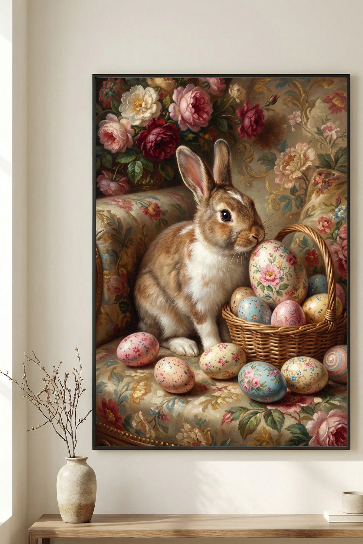 Nostalgisches Ölgemälde eines braun-weißen Osterhasen in einem Korb mit floral verzierten Ostereiern und Rosen vor einem rustikalen Hintergrund im Vintage-Stil.