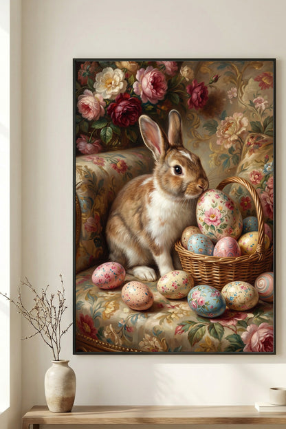 Nostalgisches Ölgemälde eines braun-weißen Osterhasen in einem Korb mit floral verzierten Ostereiern und Rosen vor einem rustikalen Hintergrund im Vintage-Stil.