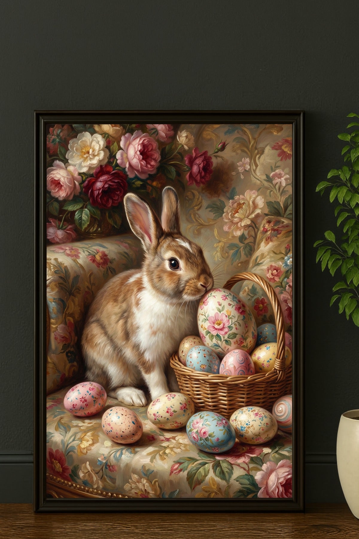 Nostalgisches Ölgemälde eines braun-weißen Osterhasen in einem Korb mit floral verzierten Ostereiern und Rosen vor einem rustikalen Hintergrund im Vintage-Stil.