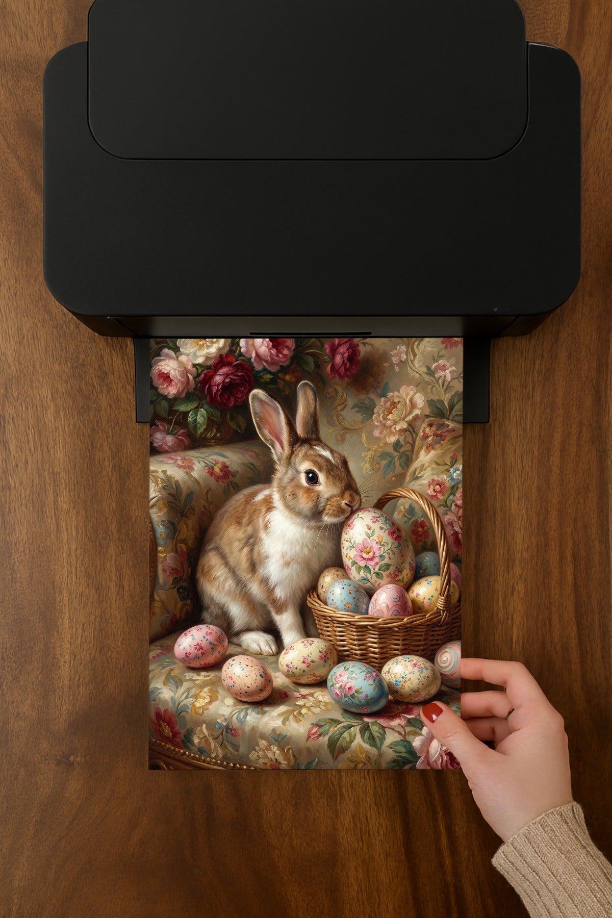Nostalgisches Ölgemälde eines braun-weißen Osterhasen in einem Korb mit floral verzierten Ostereiern und Rosen vor einem rustikalen Hintergrund im Vintage-Stil.