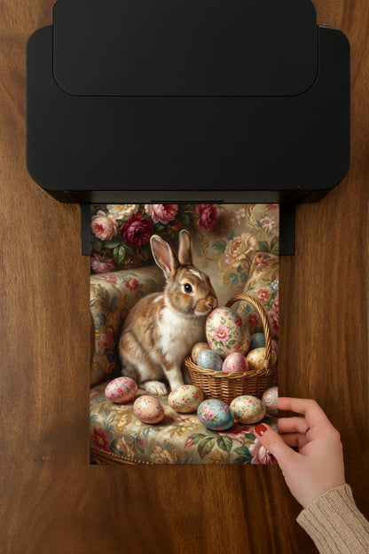 Nostalgisches Ölgemälde eines braun-weißen Osterhasen in einem Korb mit floral verzierten Ostereiern und Rosen vor einem rustikalen Hintergrund im Vintage-Stil.