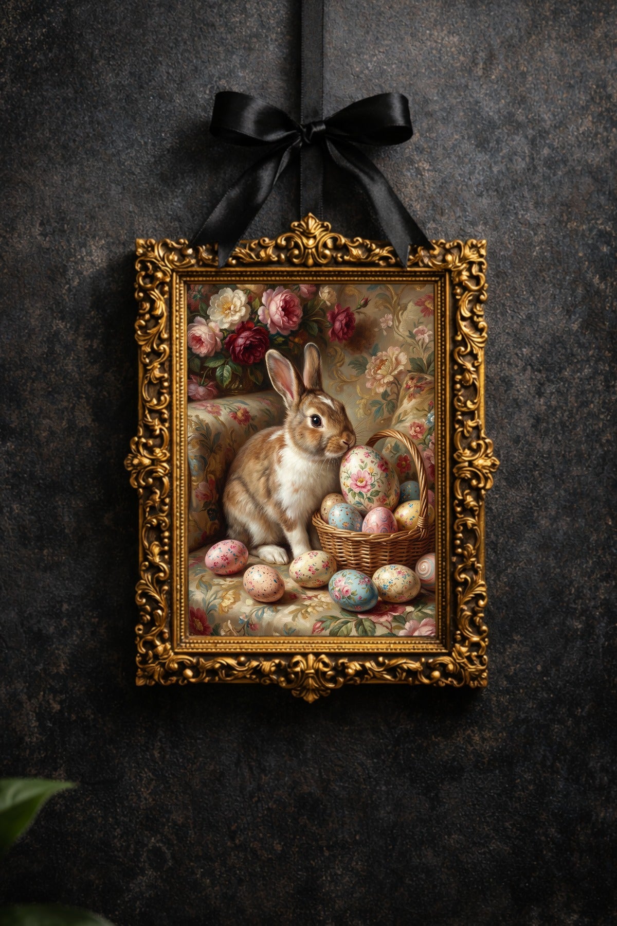 Nostalgisches Ölgemälde eines braun-weißen Osterhasen in einem Korb mit floral verzierten Ostereiern und Rosen vor einem rustikalen Hintergrund im Vintage-Stil.