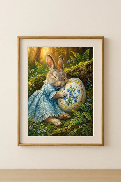 Vintage Poster mit Osterhase im blauen Kleid, der ein bemaltes Osterei mit Glockenblumenmotiv im Wald hält, nostalgisches Frühlings Wandbild.