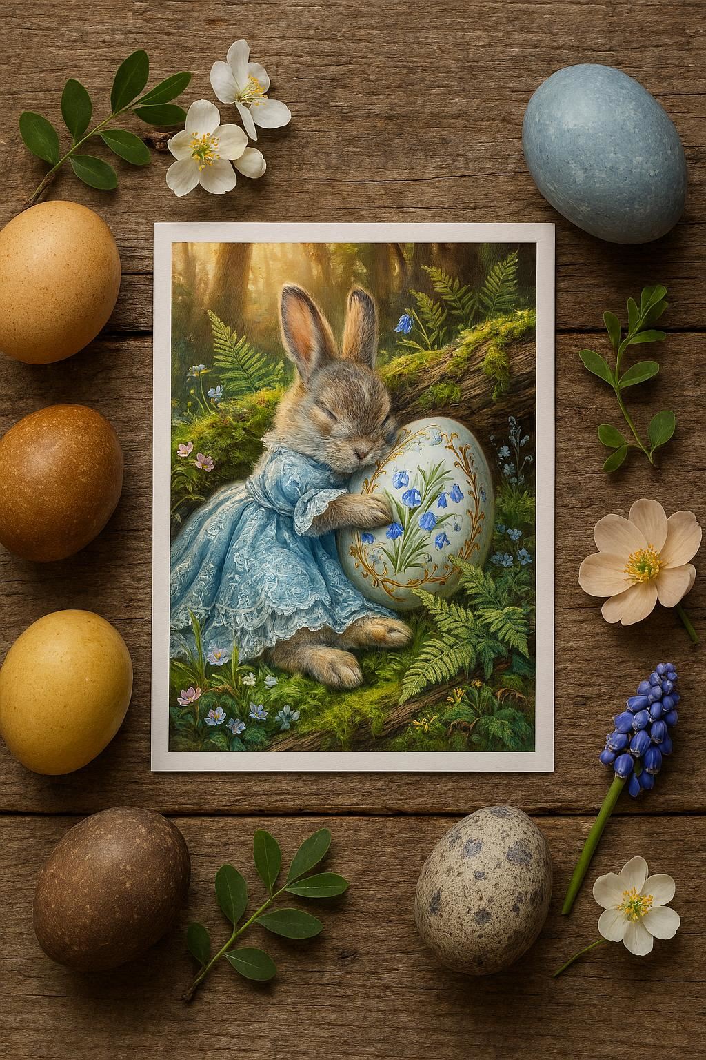 Vintage Poster mit Osterhase im blauen Kleid, der ein bemaltes Osterei mit Glockenblumenmotiv im Wald hält, nostalgisches Frühlings Wandbild.