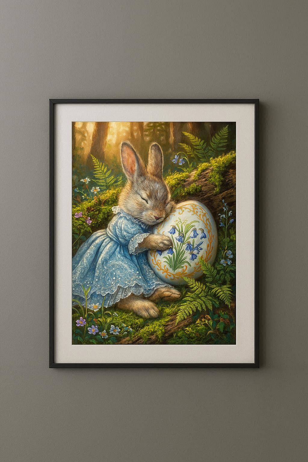 Vintage Poster mit Osterhase im blauen Kleid, der ein bemaltes Osterei mit Glockenblumenmotiv im Wald hält, nostalgisches Frühlings Wandbild.