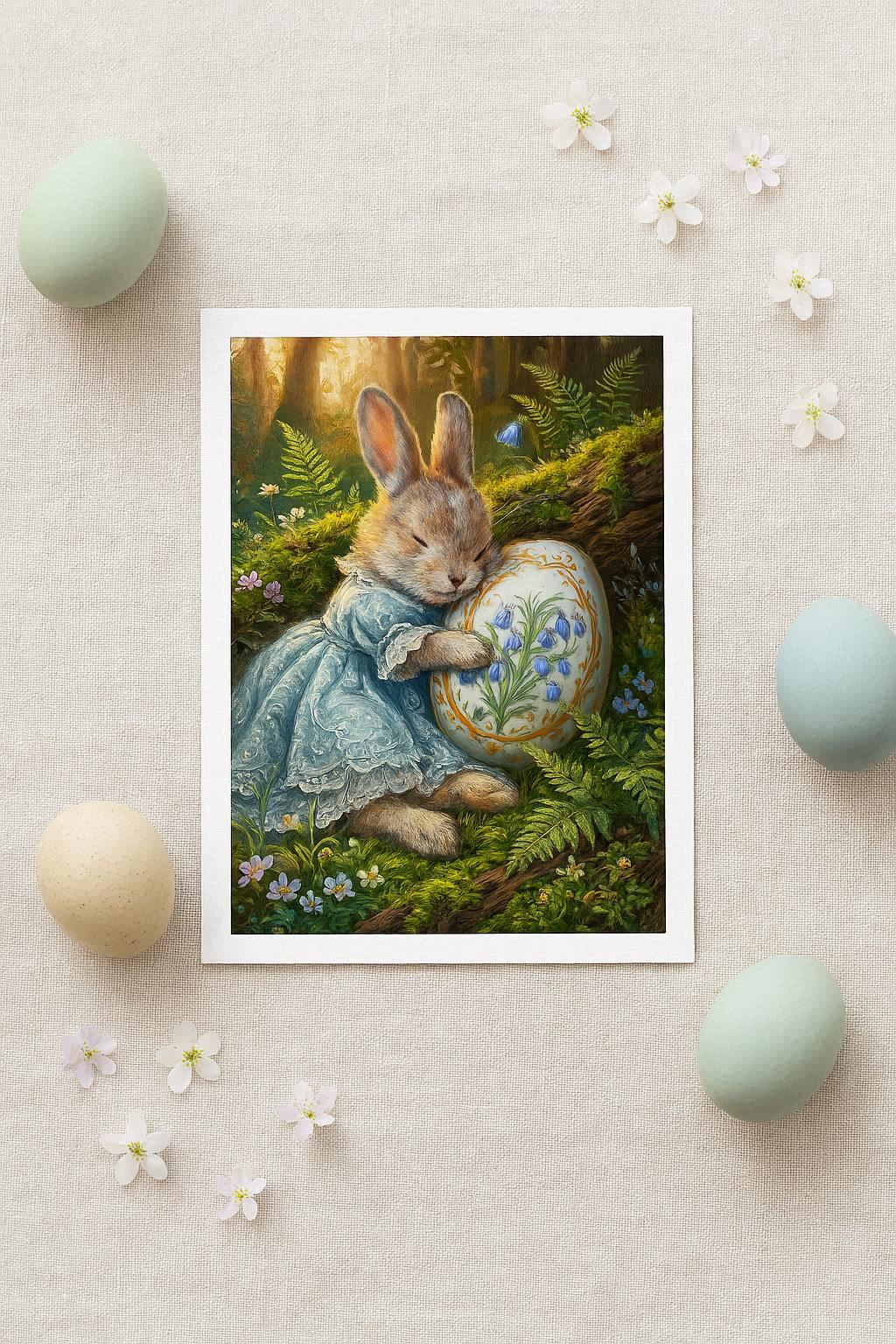 Vintage Poster mit Osterhase im blauen Kleid, der ein bemaltes Osterei mit Glockenblumenmotiv im Wald hält, nostalgisches Frühlings Wandbild.