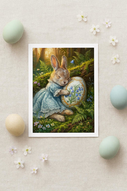 Vintage Poster mit Osterhase im blauen Kleid, der ein bemaltes Osterei mit Glockenblumenmotiv im Wald hält, nostalgisches Frühlings Wandbild.
