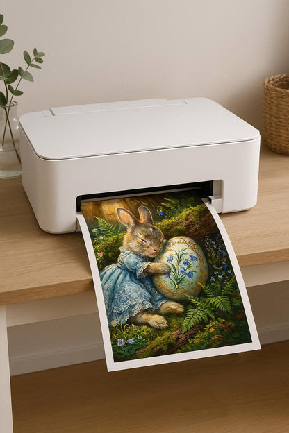 Vintage Poster mit Osterhase im blauen Kleid, der ein bemaltes Osterei mit Glockenblumenmotiv im Wald hält, nostalgisches Frühlings Wandbild.