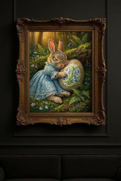 Vintage Poster mit Osterhase im blauen Kleid, der ein bemaltes Osterei mit Glockenblumenmotiv im Wald hält, nostalgisches Frühlings Wandbild.