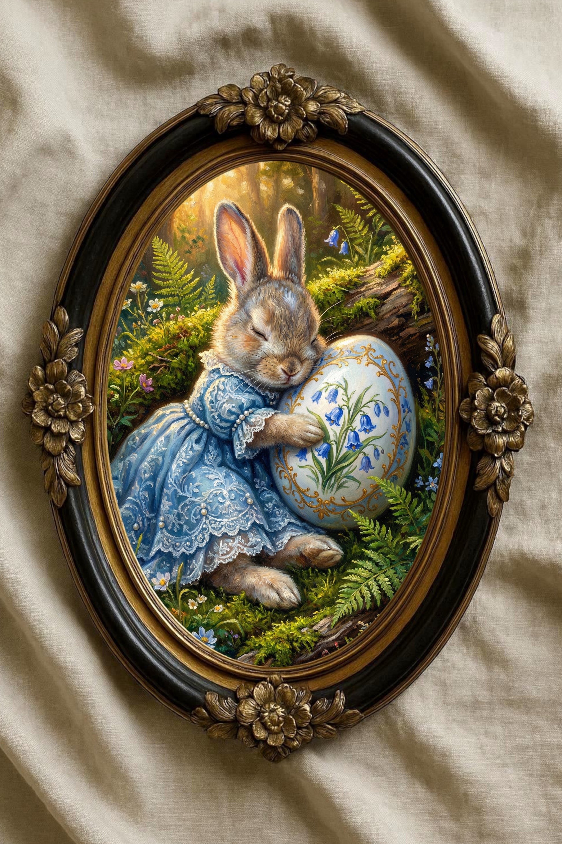 Vintage Poster mit Osterhase im blauen Kleid, der ein bemaltes Osterei mit Glockenblumenmotiv im Wald hält, nostalgisches Frühlings Wandbild.