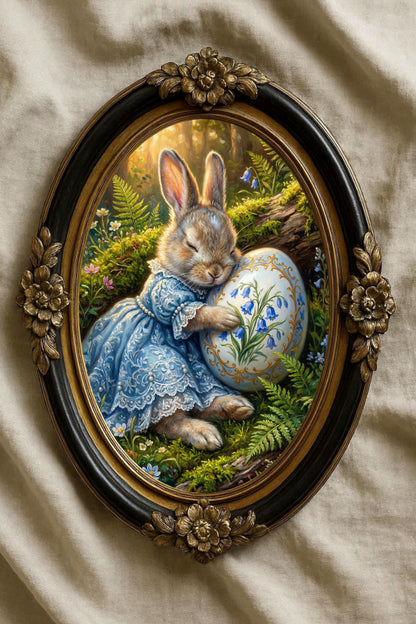 Vintage Poster mit Osterhase im blauen Kleid, der ein bemaltes Osterei mit Glockenblumenmotiv im Wald hält, nostalgisches Frühlings Wandbild.