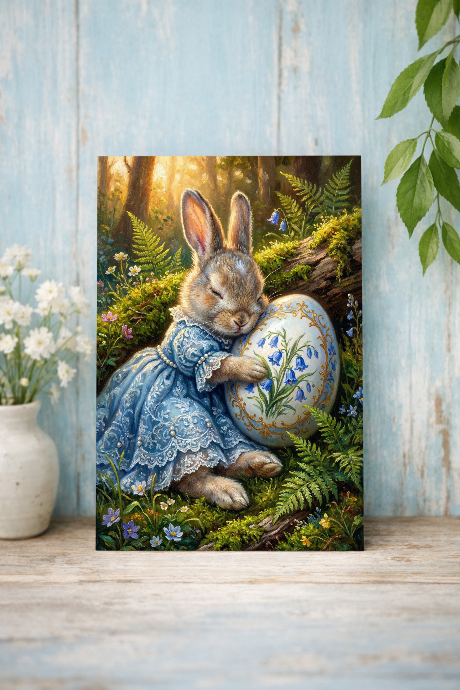 Vintage Poster mit Osterhase im blauen Kleid, der ein bemaltes Osterei mit Glockenblumenmotiv im Wald hält, nostalgisches Frühlings Wandbild.