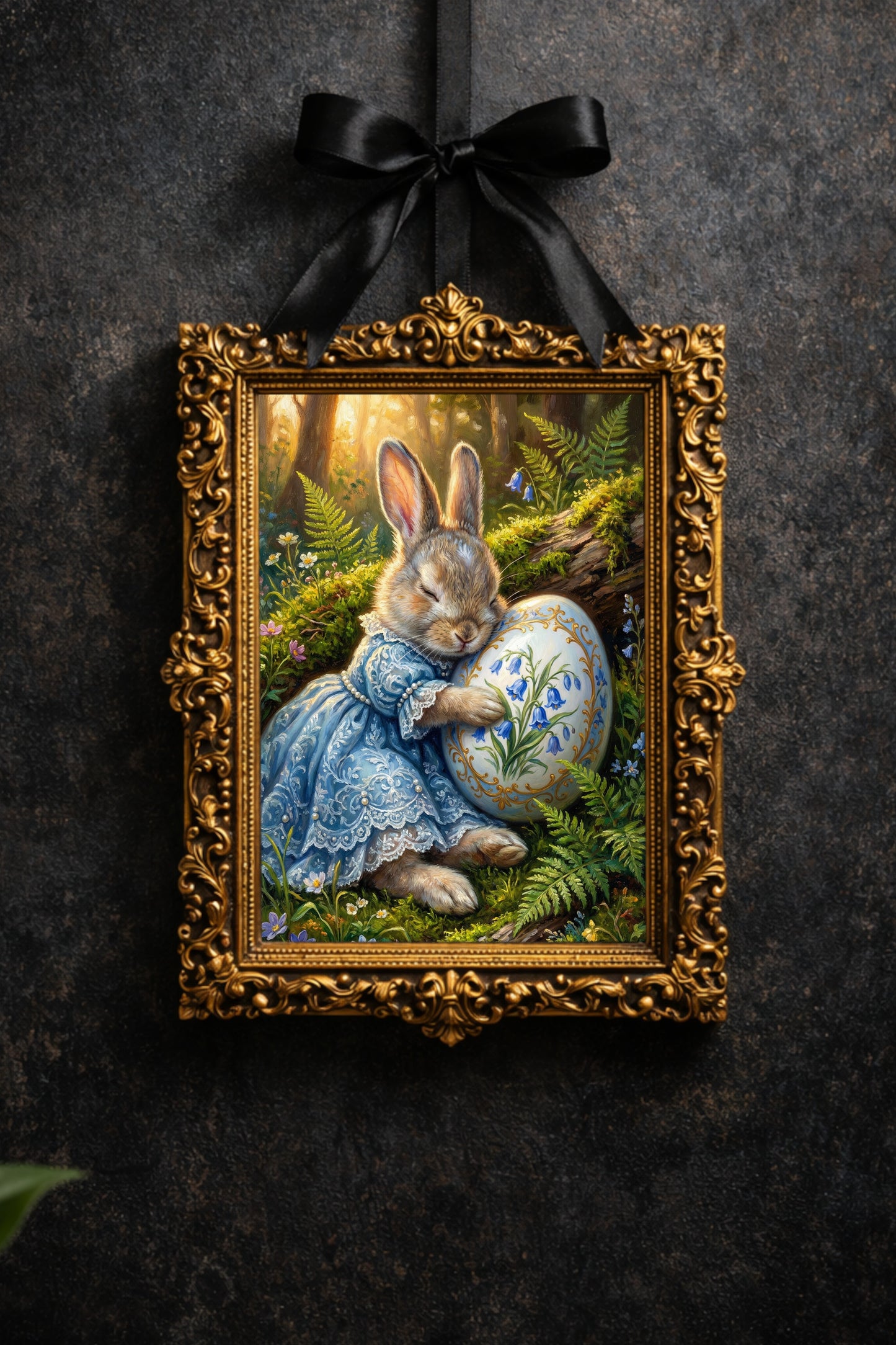 Vintage Poster mit Osterhase im blauen Kleid, der ein bemaltes Osterei mit Glockenblumenmotiv im Wald hält, nostalgisches Frühlings Wandbild.