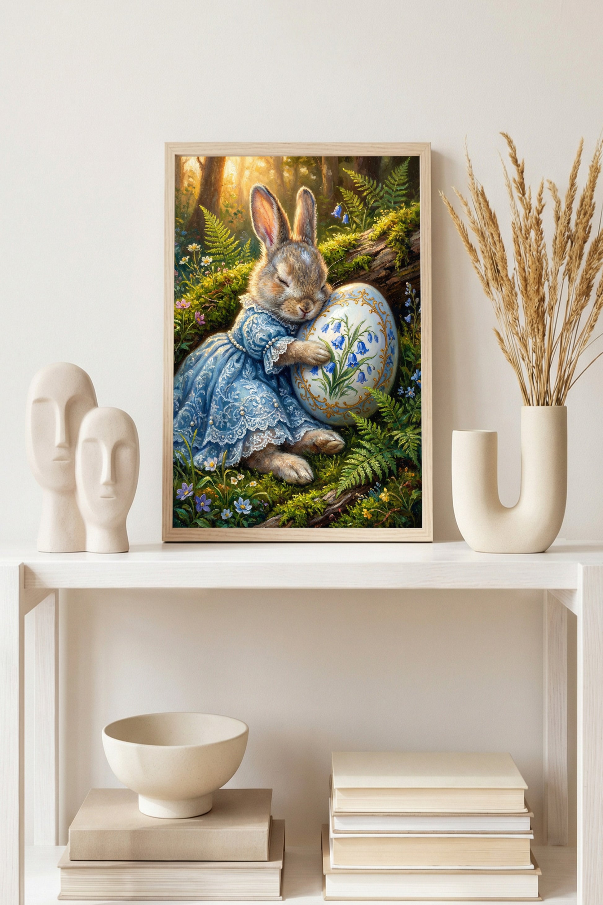 Vintage Poster mit Osterhase im blauen Kleid, der ein bemaltes Osterei mit Glockenblumenmotiv im Wald hält, nostalgisches Frühlings Wandbild.