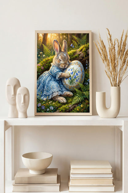Vintage Poster mit Osterhase im blauen Kleid, der ein bemaltes Osterei mit Glockenblumenmotiv im Wald hält, nostalgisches Frühlings Wandbild.