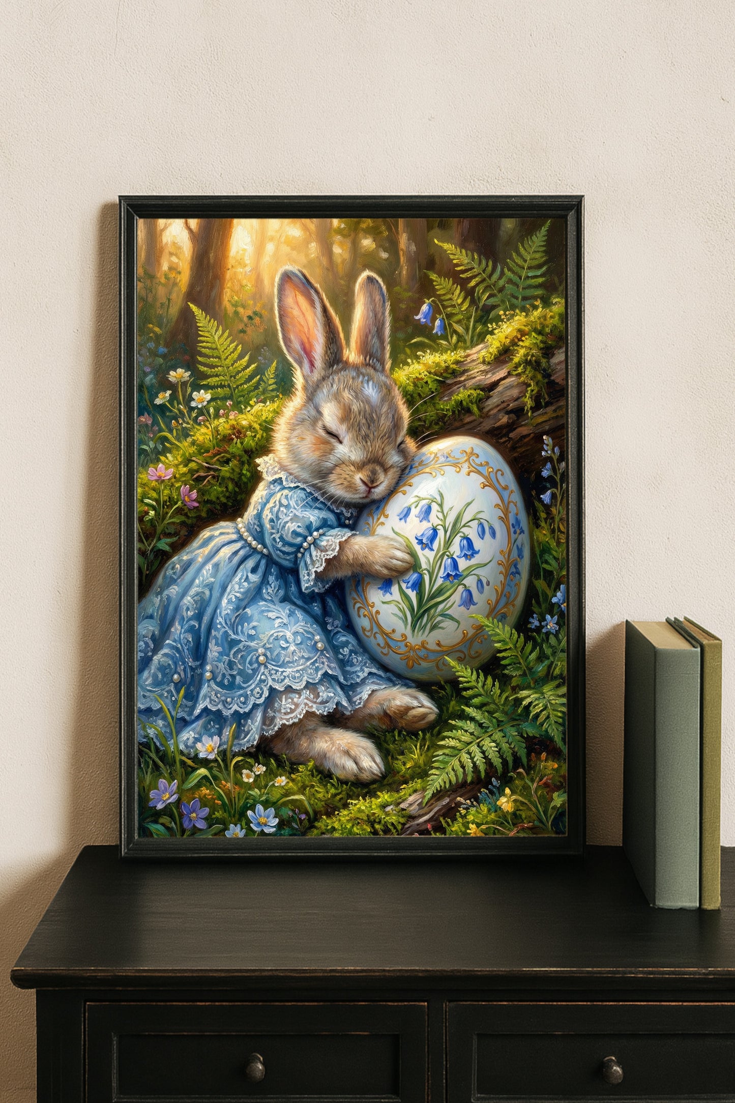 Vintage Poster mit Osterhase im blauen Kleid, der ein bemaltes Osterei mit Glockenblumenmotiv im Wald hält, nostalgisches Frühlings Wandbild.