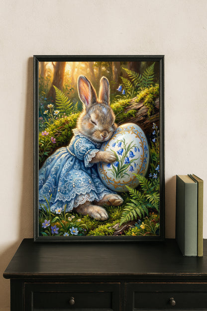 Vintage Poster mit Osterhase im blauen Kleid, der ein bemaltes Osterei mit Glockenblumenmotiv im Wald hält, nostalgisches Frühlings Wandbild.
