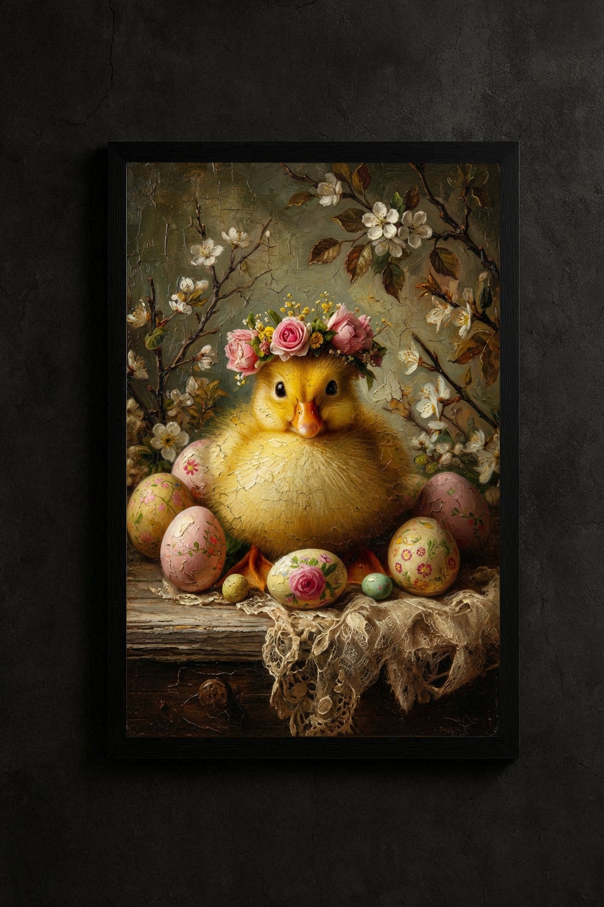 Vintage Osterbild mit flauschigem Küken, Blumenkranz und bemalten Ostereiern in einem romantischen Frühlingsstillleben.