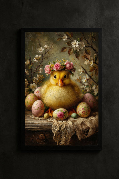 Vintage Osterbild mit flauschigem Küken, Blumenkranz und bemalten Ostereiern in einem romantischen Frühlingsstillleben.