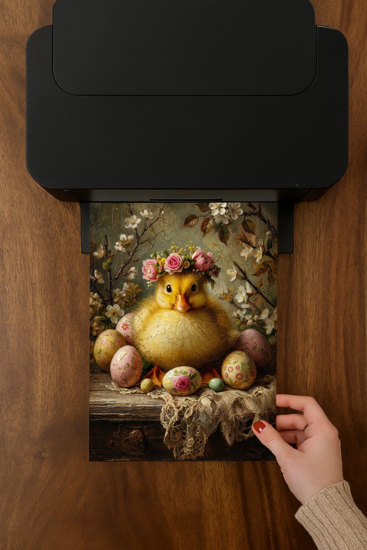 Vintage Osterbild mit flauschigem Küken, Blumenkranz und bemalten Ostereiern in einem romantischen Frühlingsstillleben.