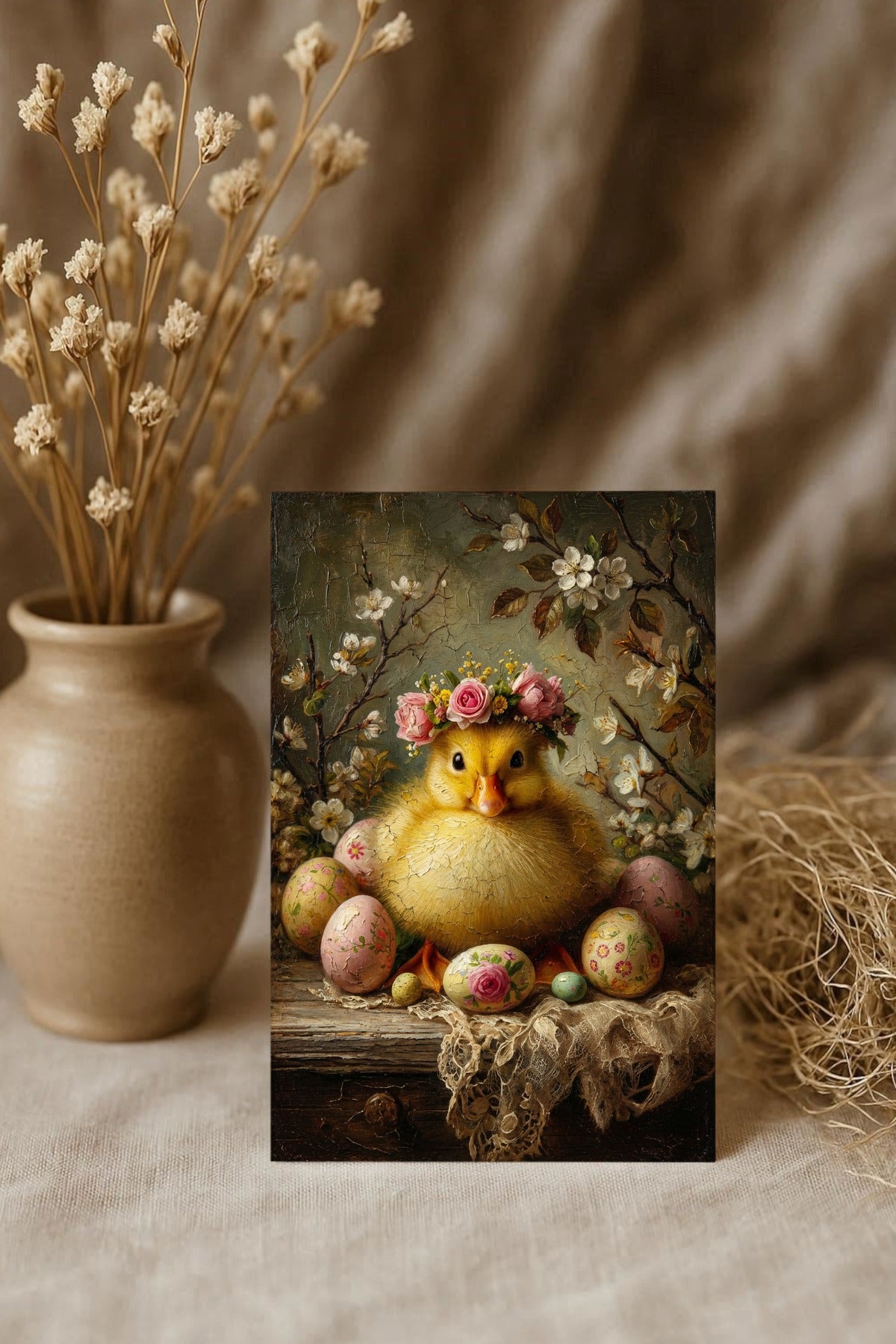 Vintage Osterbild mit flauschigem Küken, Blumenkranz und bemalten Ostereiern in einem romantischen Frühlingsstillleben.